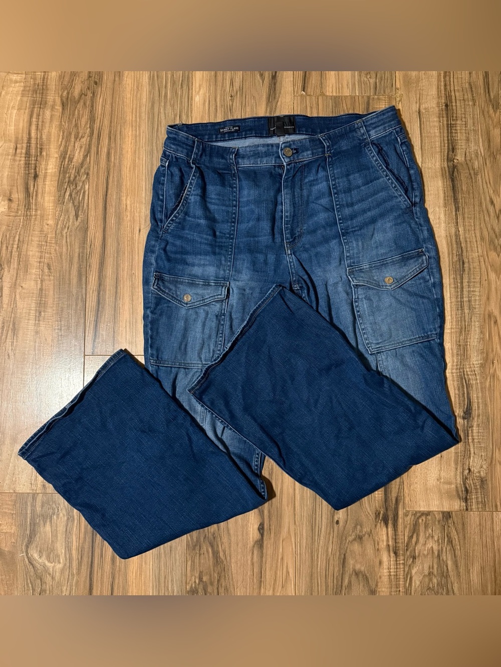 WHBM High Rise Skinny Flare Cargo Jeans Size 14 Blue Denim